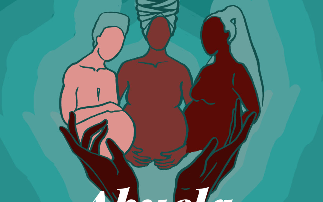 Three people, wearing headwraps, being "held" by a pair of hands with the word Abuela at the bottom